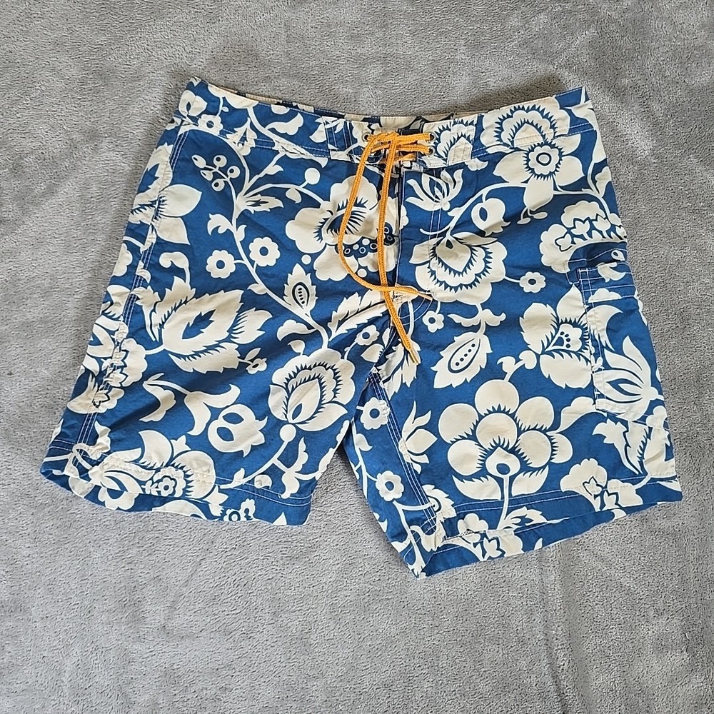 J Crew Shorts Mens 29 Blue Hawaiian Floral Factory 9" Board Shorts Beach Wear
